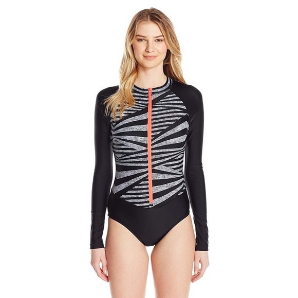 Speedo Paddle Long Sleeve One Piece Swimsuit Black Size M Medium NWT - Picture 2 of 15